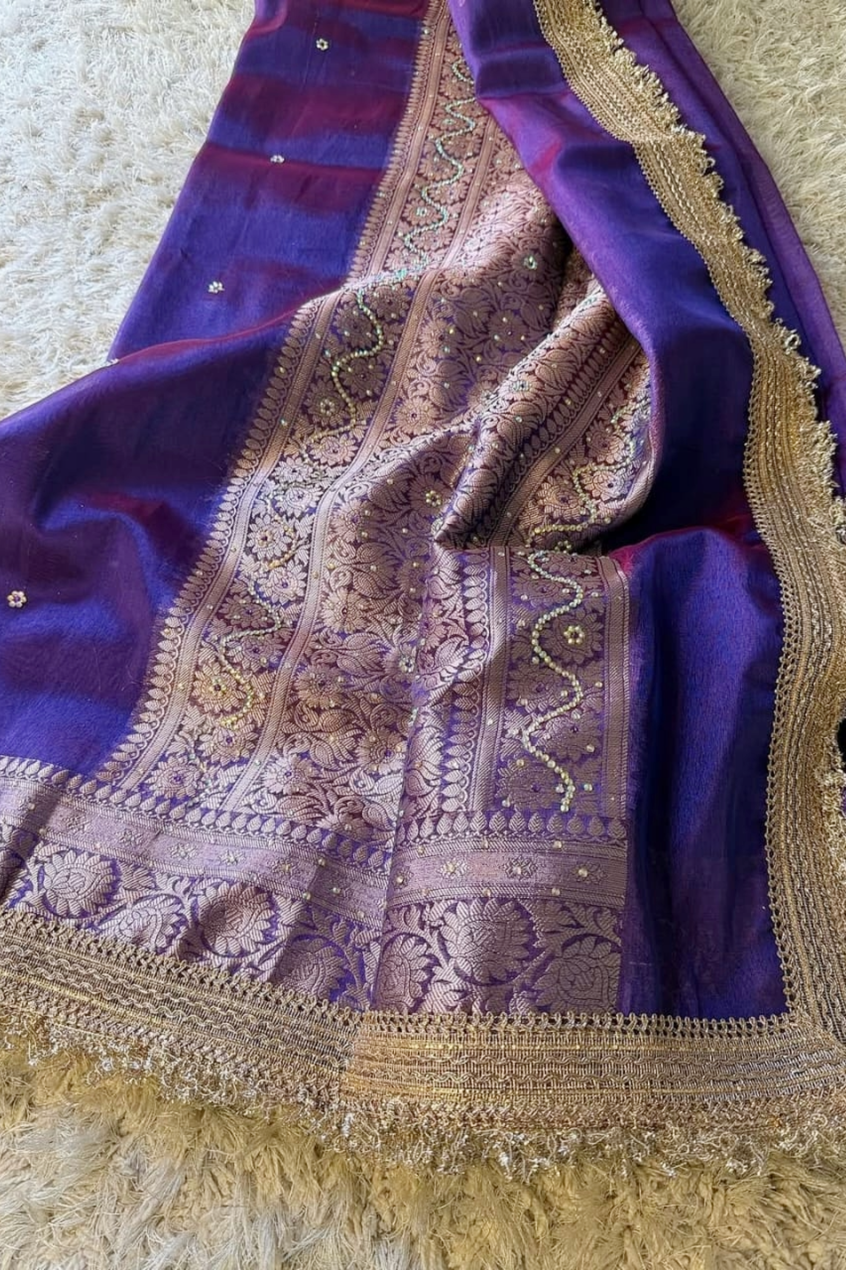 Triya - Tissue Silk Saree with Stone work and Maharani Lace Purple