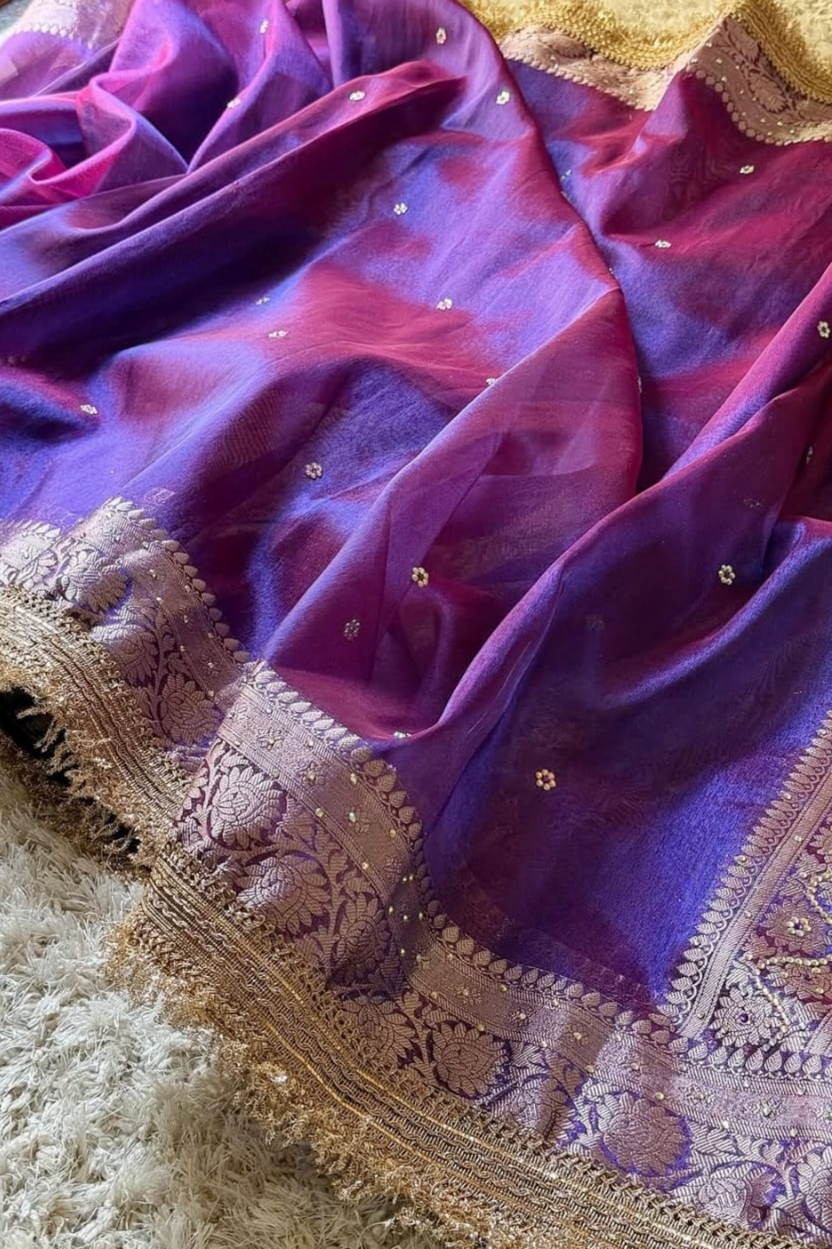 Triya - Tissue Silk Saree with Stone work and Maharani Lace Purple
