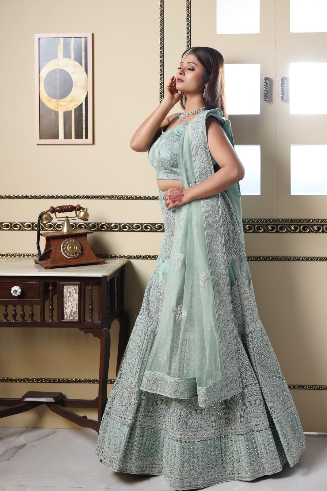 Seafoam Pastel green Embroidered Lehenga image 1