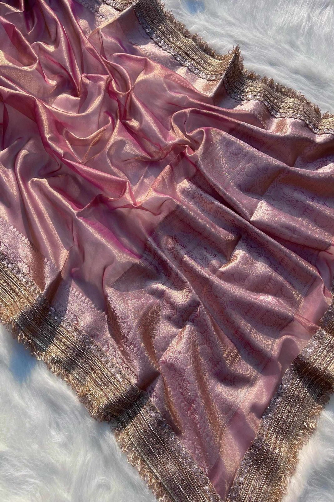 Banarasi Soft Tissue Salmon Pink Silk Saree image 1