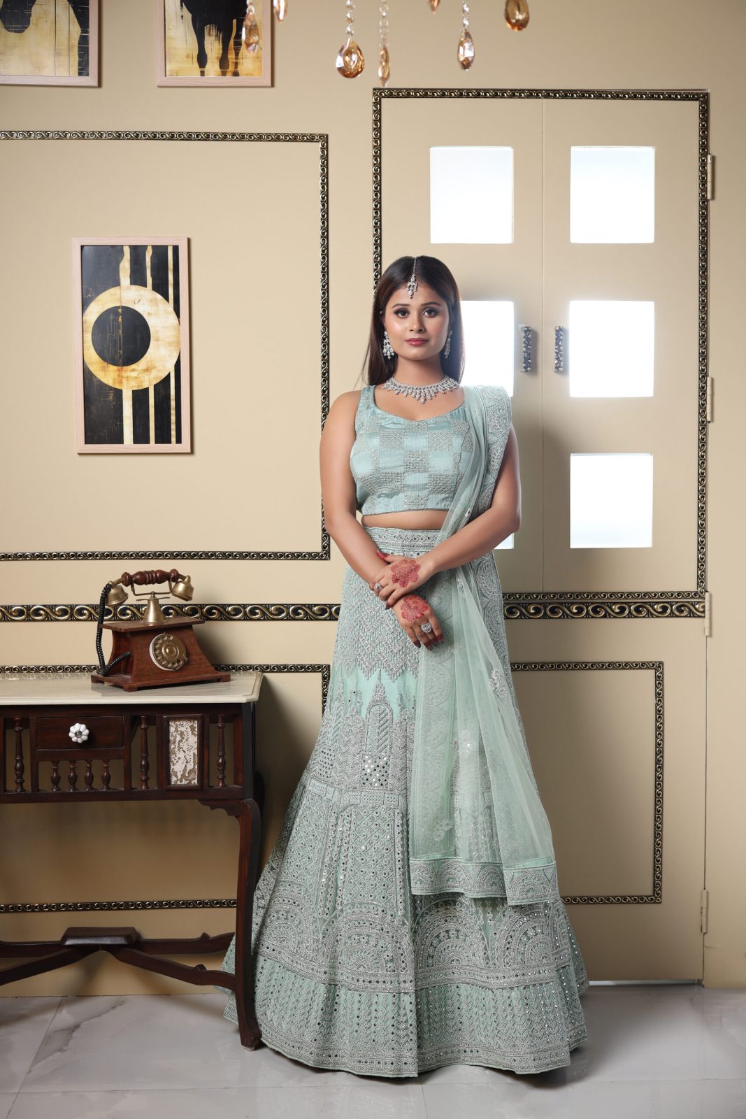 Seafoam Pastel green Embroidered Lehenga image 2