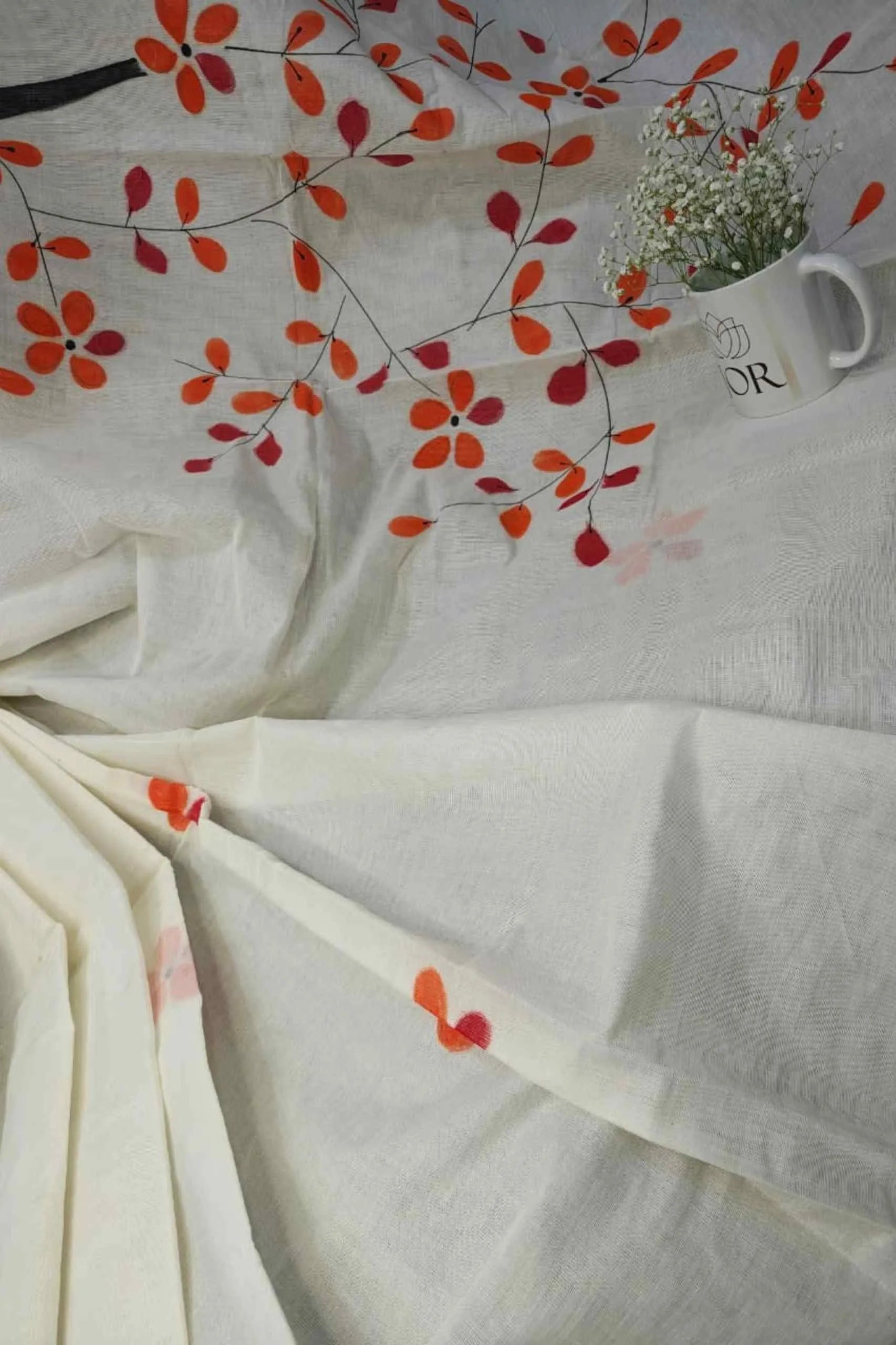 Alpona - Hand Painted Mul Cotton Saree - Off White