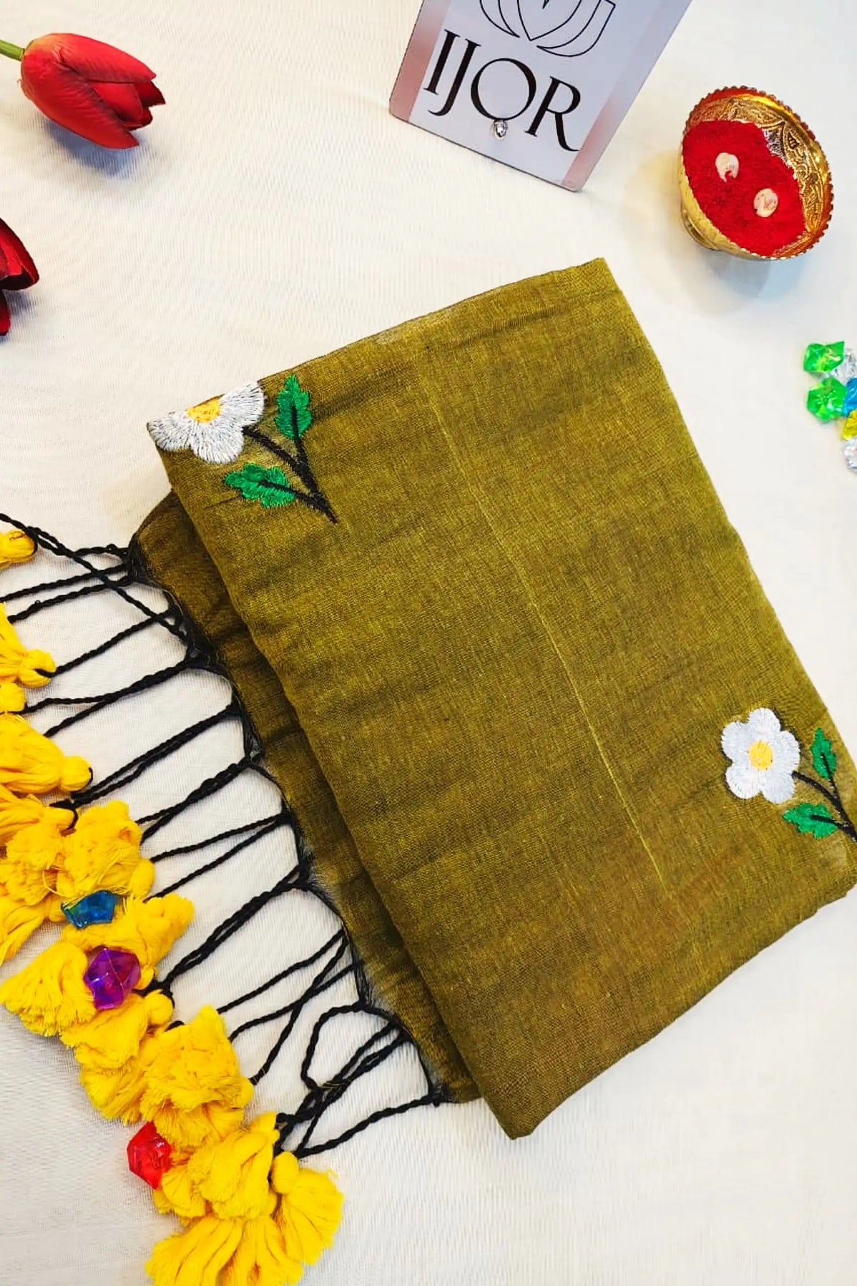 Mahendi Manjari - Pure Mulmul Cotton with Floral Embroidery Mehndi Green