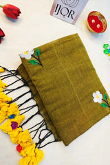 Mahendi Manjari - Pure Mulmul Cotton with Floral Embroidery Mehndi Green