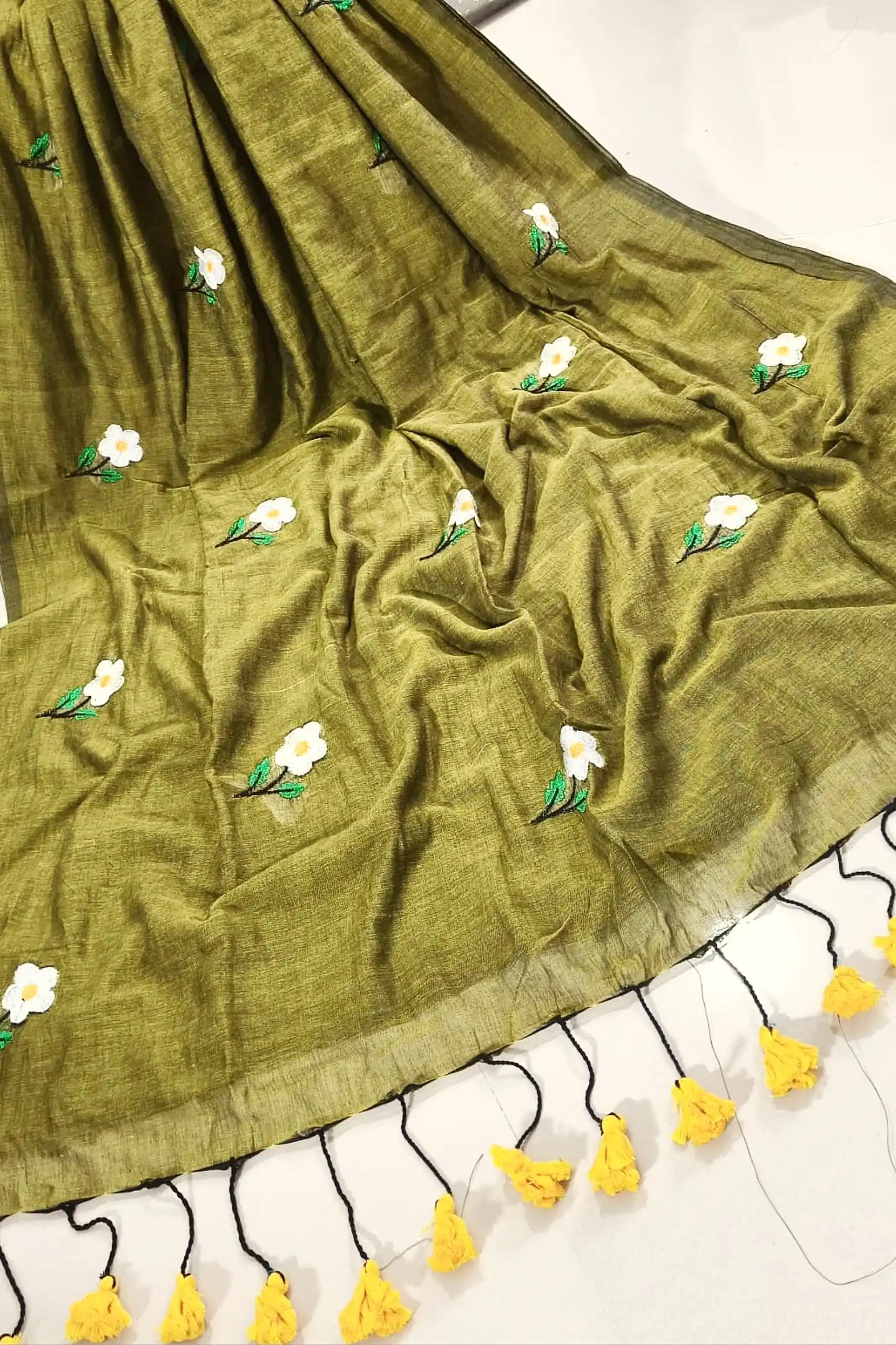 Mahendi Manjari - Pure Mulmul Cotton with Floral Embroidery Mehndi Green